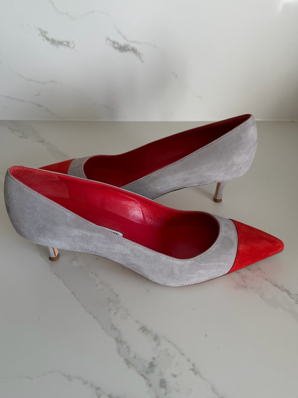 Manolo Blahnik Gray Suede Pumps with Red Pointed Toe
